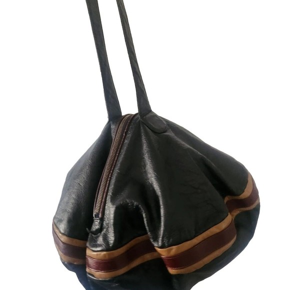 VINTAGE RARE 1970S B BARON BLUE Genuine Leather Handbag Women ROUND HIPPY BLUE - Picture 3 of 16